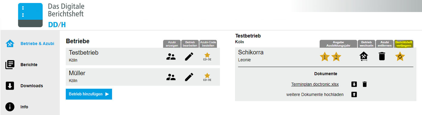 Darstellung der Azubi und Betreibe Verwaltung des Digitalen Berichtsheft für Dachdecker